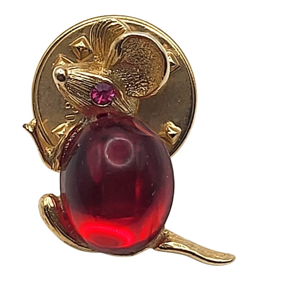 Vtg Ballou Reg'd Pin Red Cabochon Jelly Belly Mouse Lapel Pink Rhinestone Eye